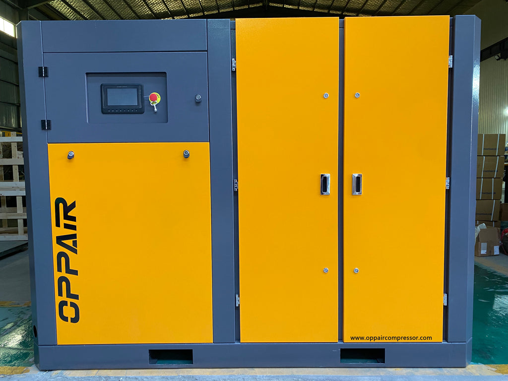 ضاغط هواء لولبي ثنائي في واحد من OPPAIR بقدرة 4kW و5.5kW و7.5kW و7-10bar بعجلات صامتة
