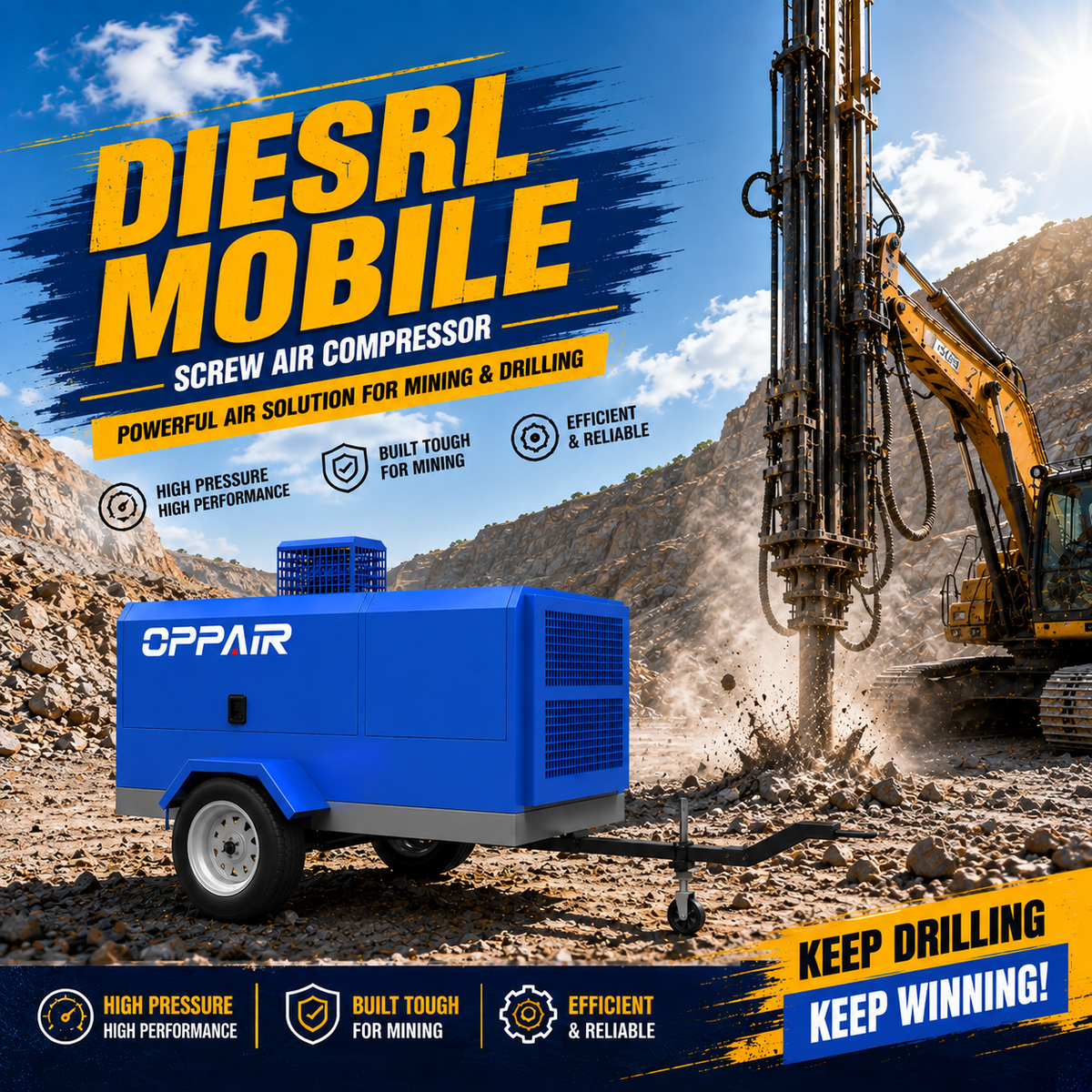 German Quality Industrial Diesel Mobile Air Compressor for Drilling Rig
