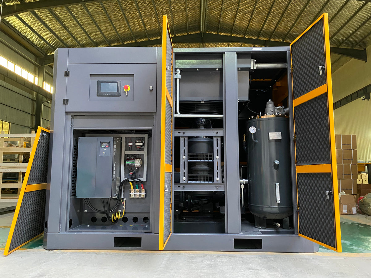 ضاغط هواء لولبي ثنائي في واحد من OPPAIR بقدرة 4kW و5.5kW و7.5kW و7-10bar بعجلات صامتة