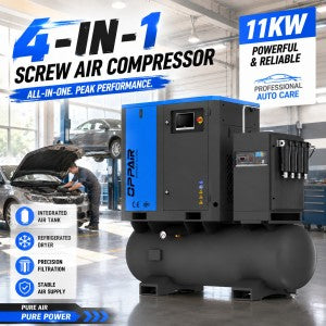 OPPAIR 4-in-1 PM VSD Screw Air Compressor 11kw 15hp with Air Tank Refrigerated Dryer Precision Filter – All-in-One Auto Care & Industrial Air Solution