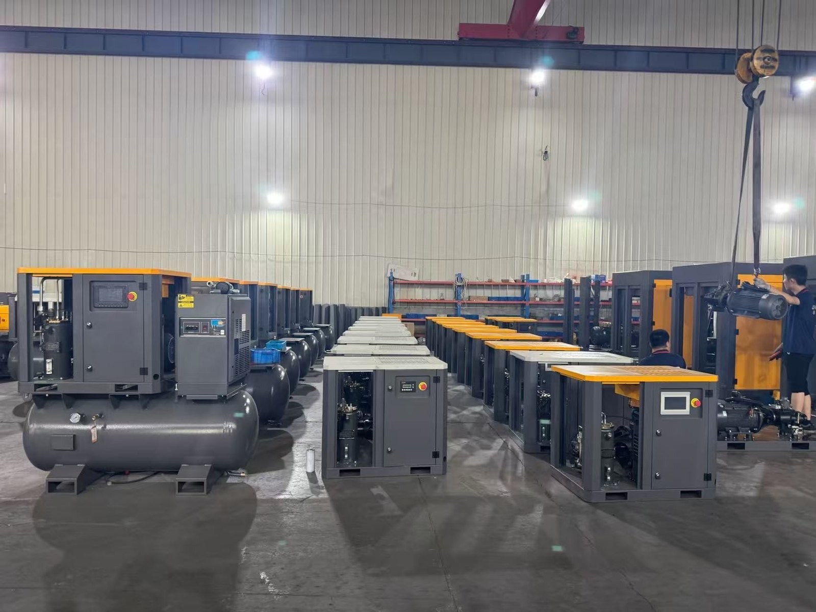 OPPAIR compressor production hall with assembled screw compressors and air receivers